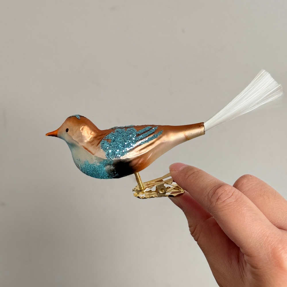 Vintage Inge Glas Bird Christmas Ornament Clip On Copper Blue Glitter 6"